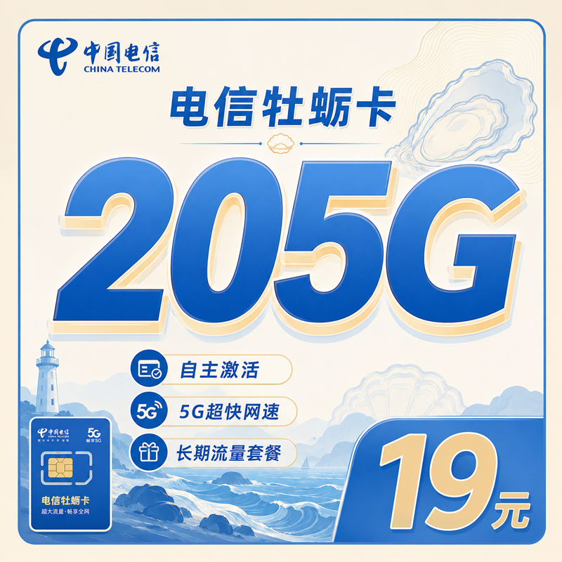 电信牡蛎卡19元205G全国流量+长期套餐+山东专属